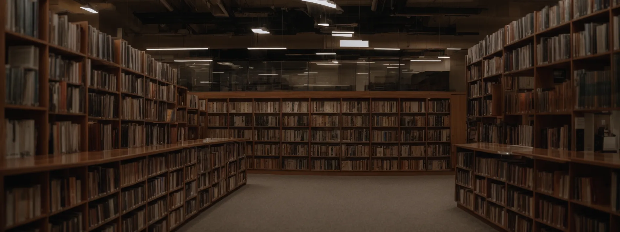 a wide library with rows of books potentially holding seo guides amidst quiet study areas.