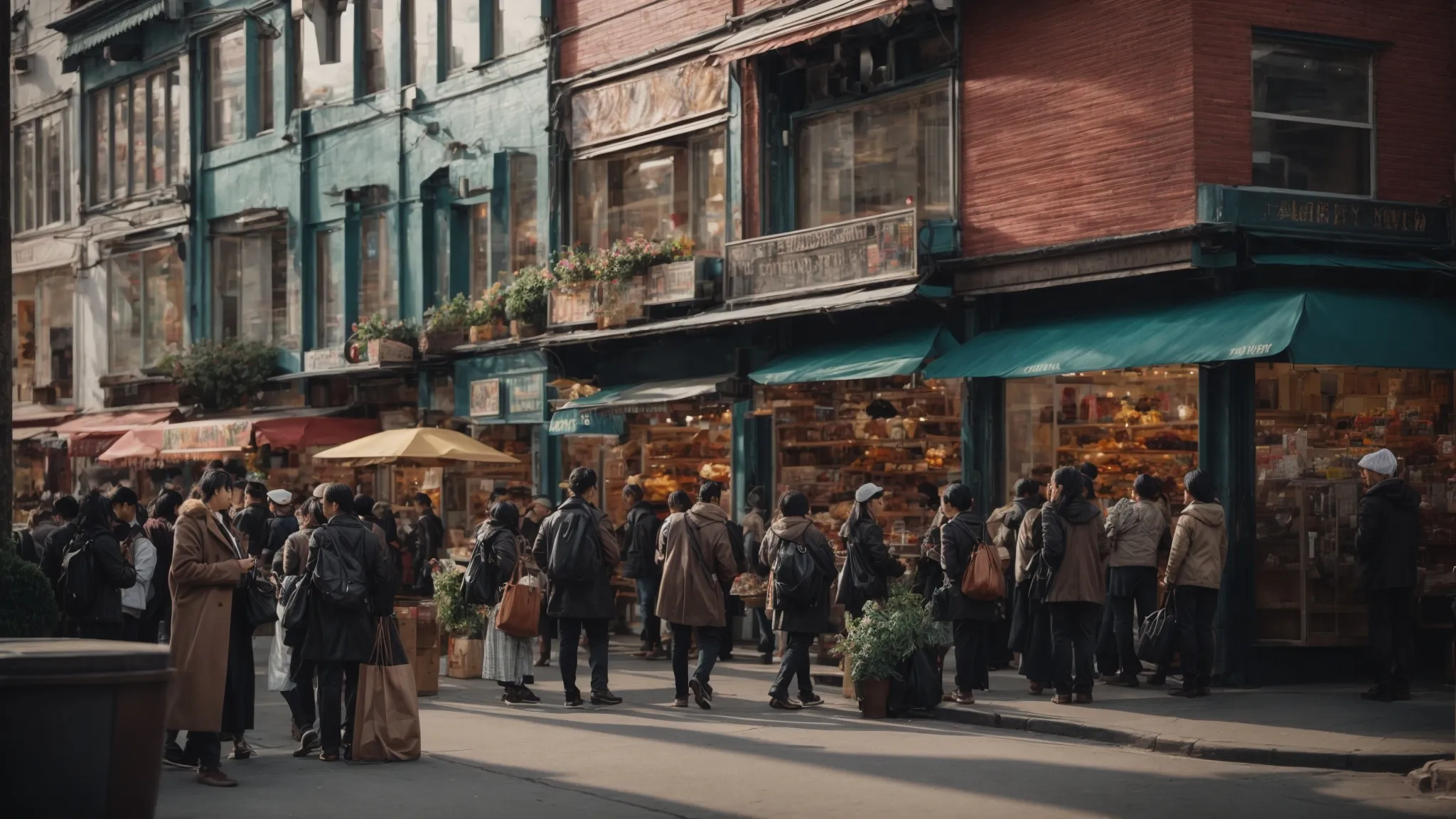 a bustling local business district with various shops and people interacting, highlighting a vibrant community backdrop.