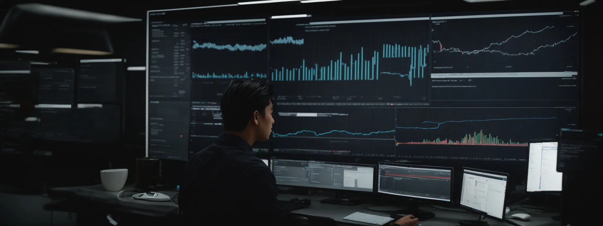 a graph on a screen showing upward trends in web traffic, with someone analyzing data reports on a computer in a modern office setting.