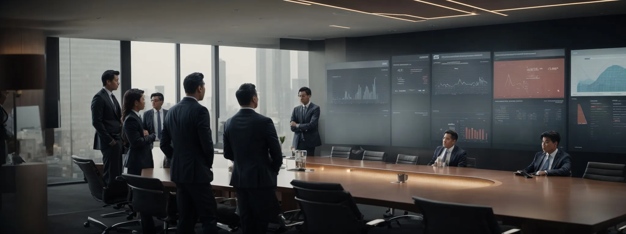 a boardroom with executives discussing a rebranding strategy next to a large digital screen displaying a website analytics dashboard.