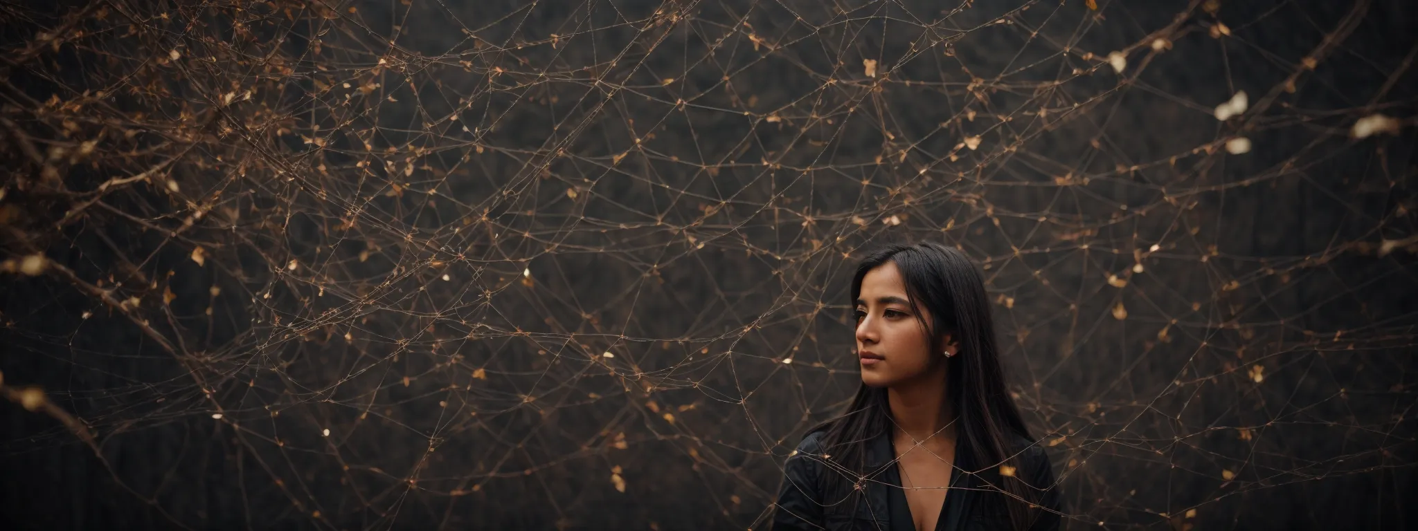 a puzzled marketer stares at a complex web of tangled strings representing the challenging and ever-changing factors of seo.