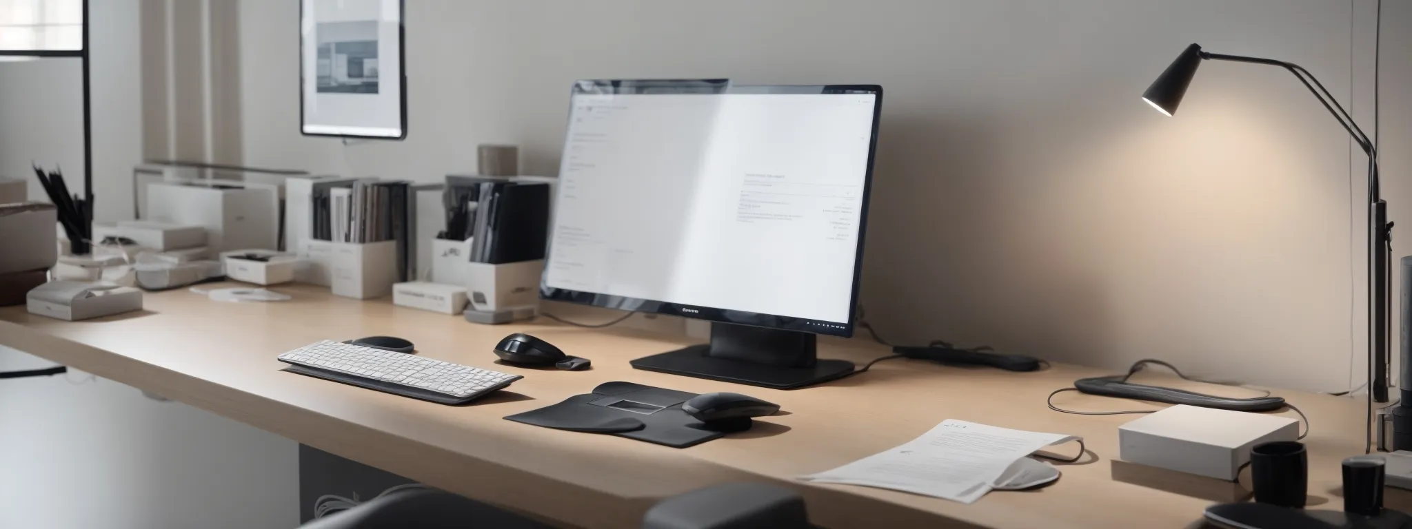 a sleek, minimalist office setup with a computer displaying an outlined document on the screen.