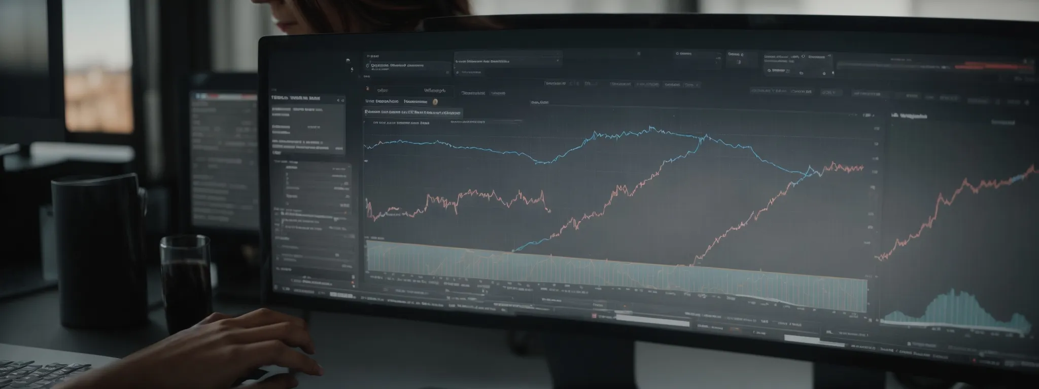 a person at a desk with a computer screen displaying a graph of climbing search engine rankings against the backdrop of a bright, digital interface.