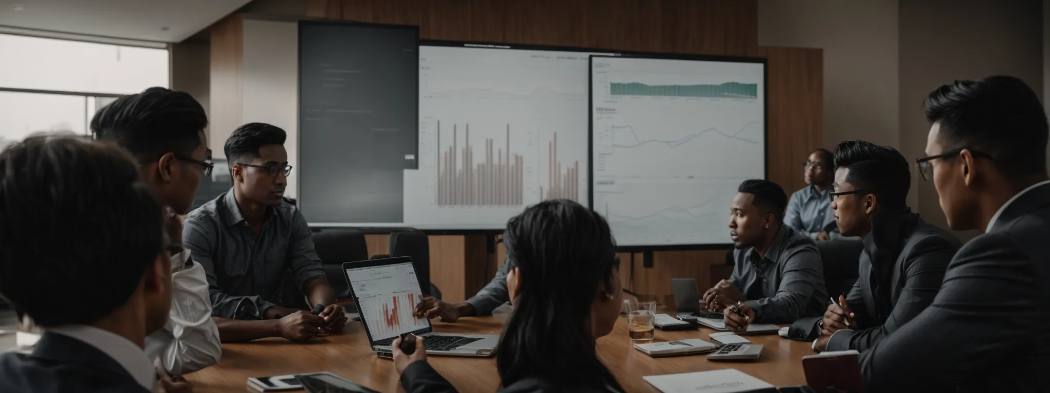 a team meeting with a laptop open to a graph showing upward growth trends.