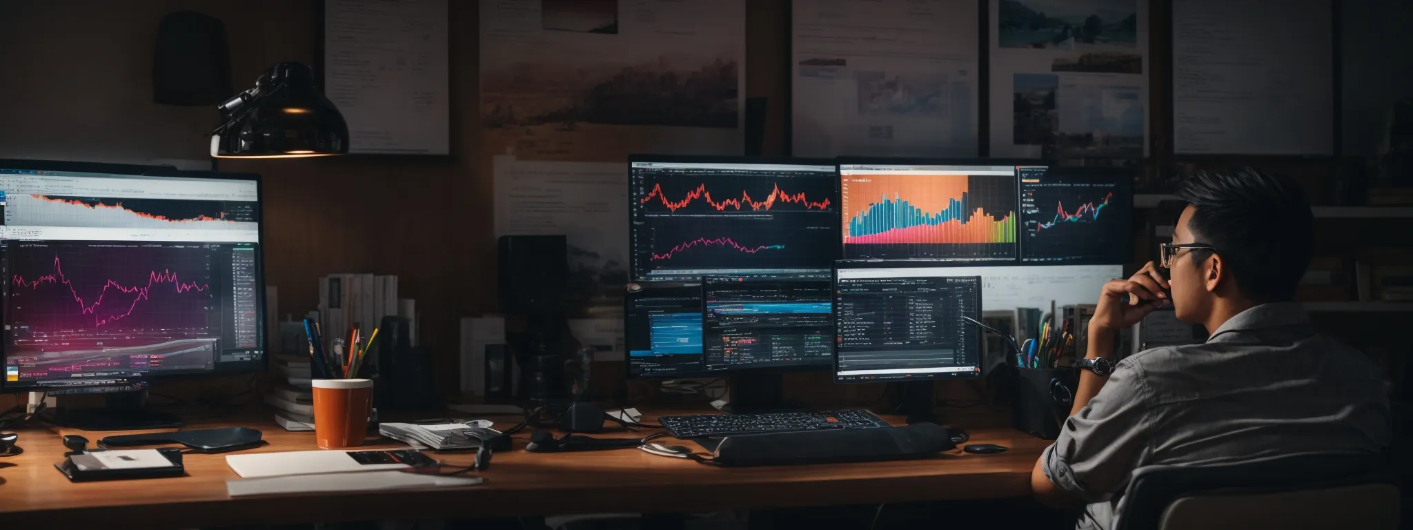 a person sitting at a desk with a computer displaying colorful seo analytics graphs while surrounded by marketing strategy books.