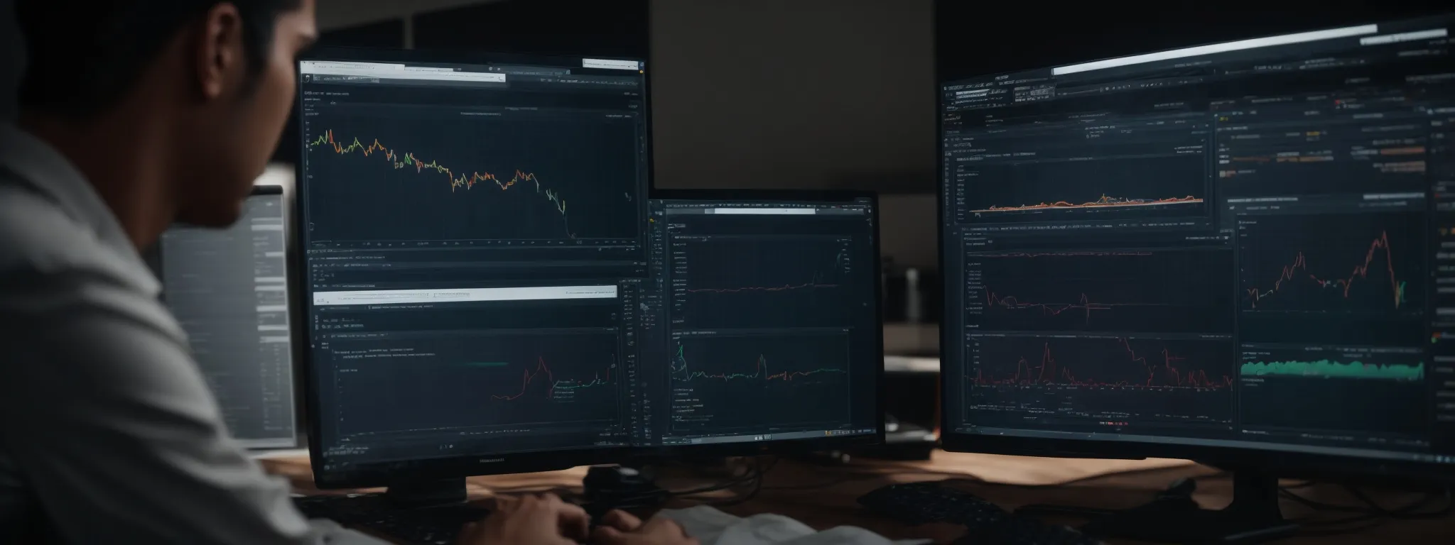 a person evaluating different open tabs on a computer monitor displaying graphs and analytics of website performance.
