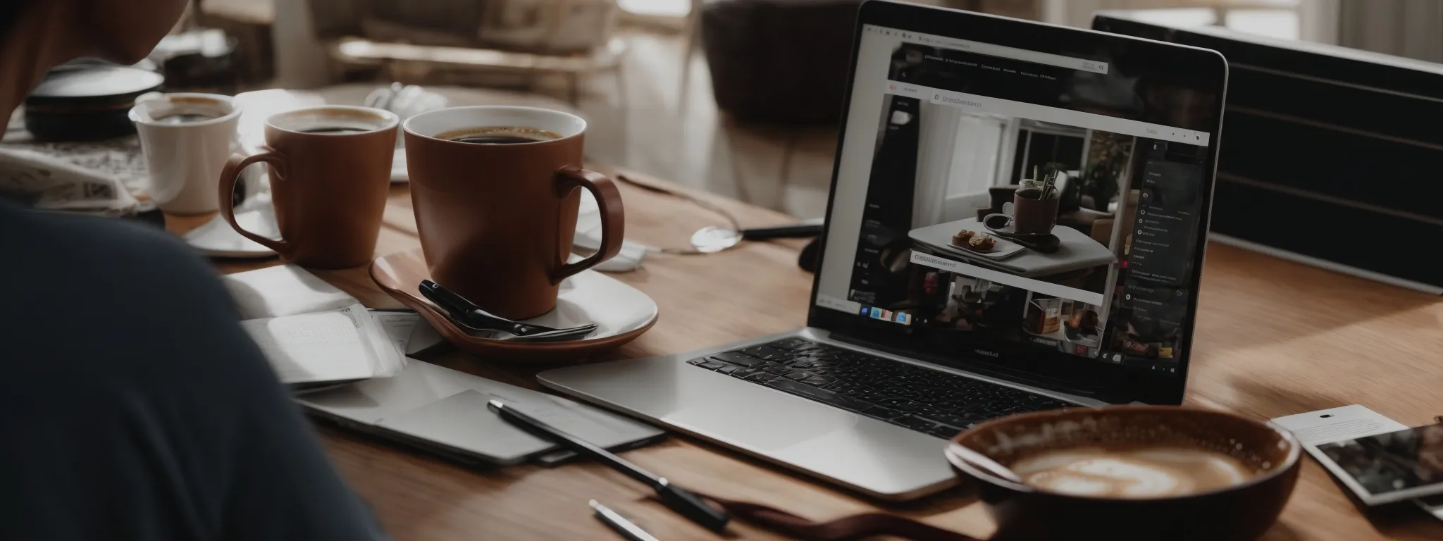 a laptop open to the pinterest platform surrounded by marketing strategy notes and a cup of coffee.