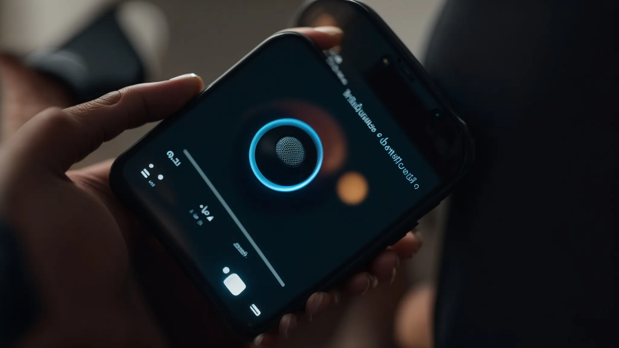 a person speaks into their smartphone as it displays a glowing microphone icon, symbolizing a voice search in progress.