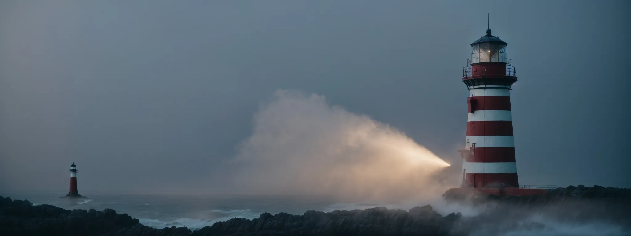 a lighthouse stands at the edge of a cliff, its beam piercing through a misty evening sky.