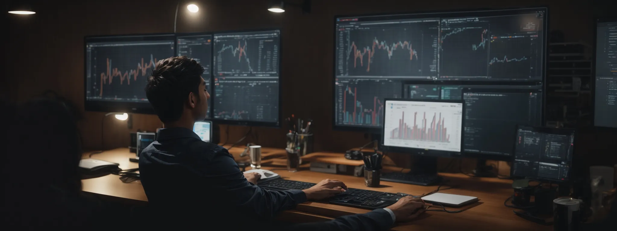 a person sitting at a computer, visibly analyzing data graphs on the screen while surrounded by digital marketing strategy icons.