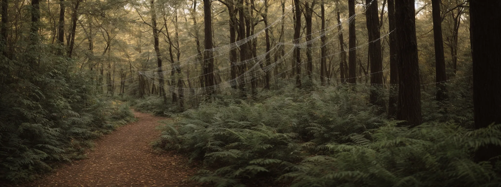 a scene with a spider web woven across a forest pathway, symbolizing the complexity of links within a website's seo strategy.
