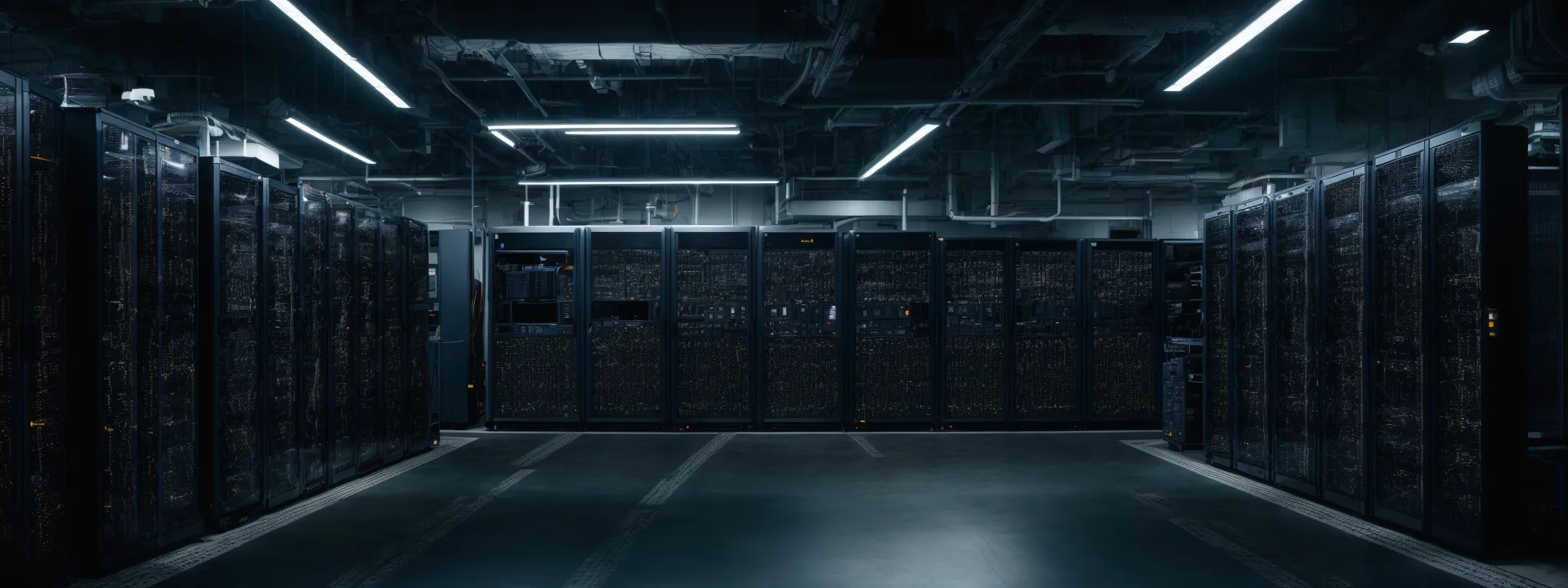 a vast server room with racks of computers performing automated data processing.