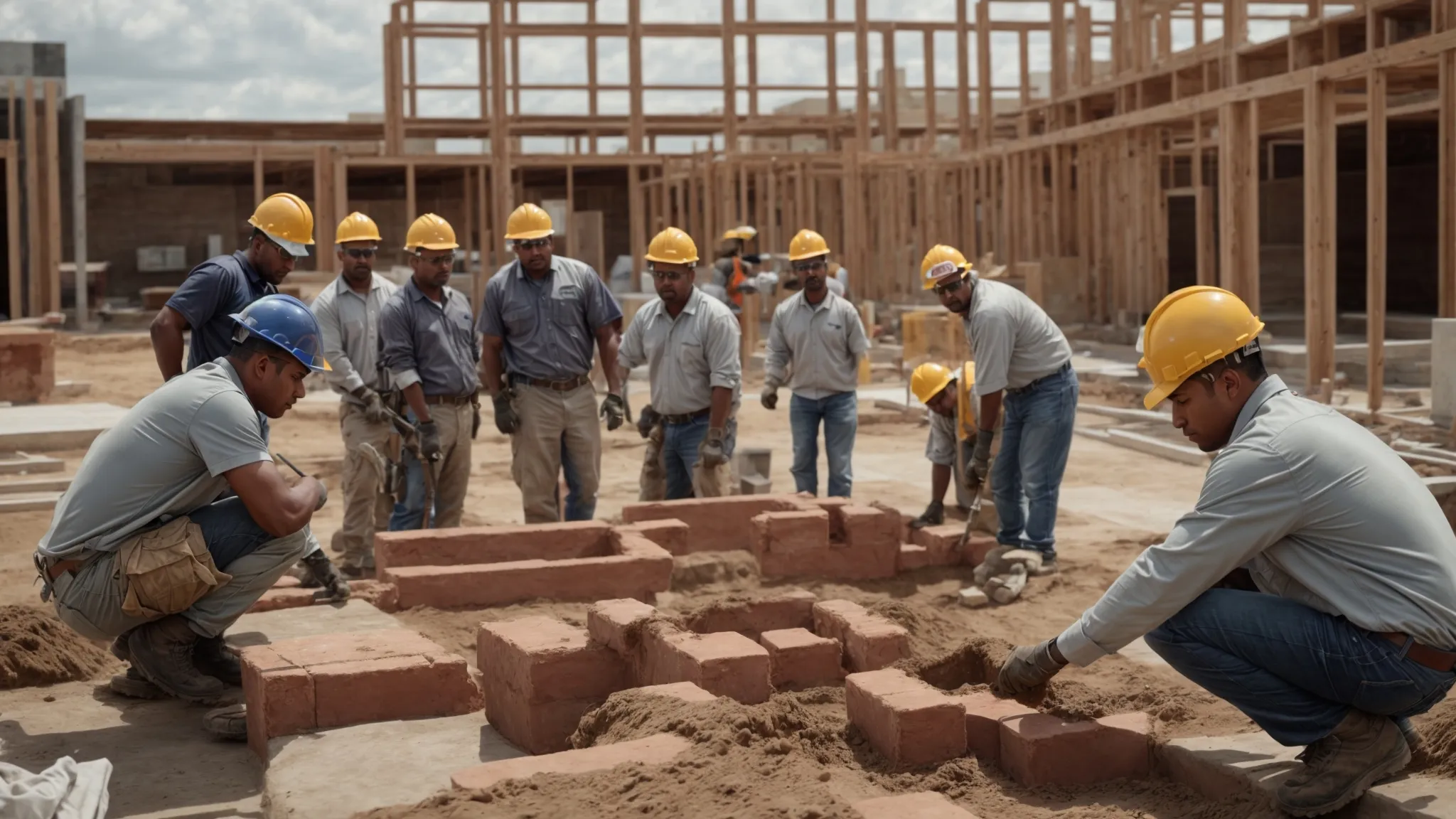 a construction team lays the first brick of a new business building's foundation.