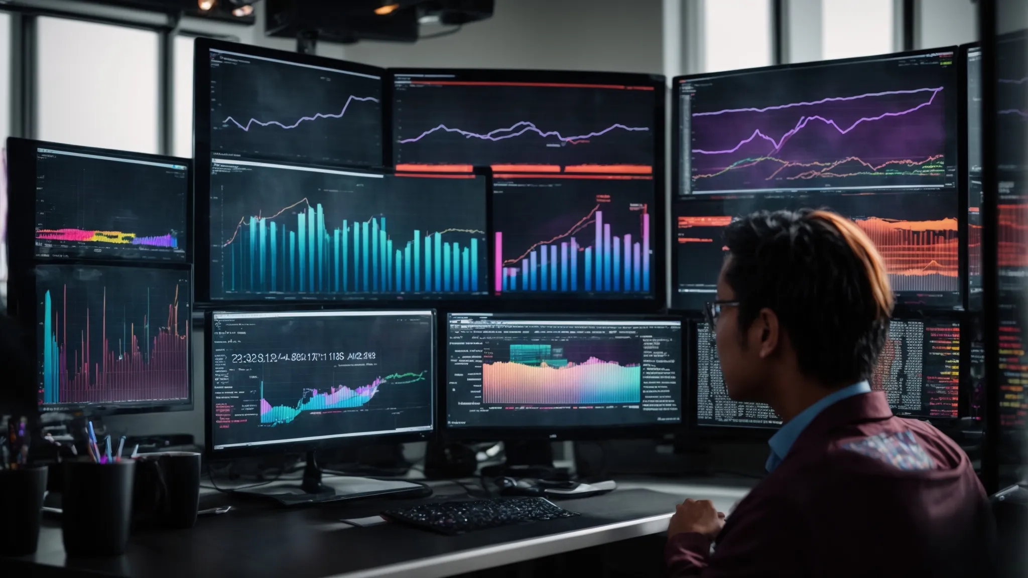 a person sitting at a desk with two computer monitors displaying colorful data analytics charts, deeply focused on researching keywords and optimizing a website's content.