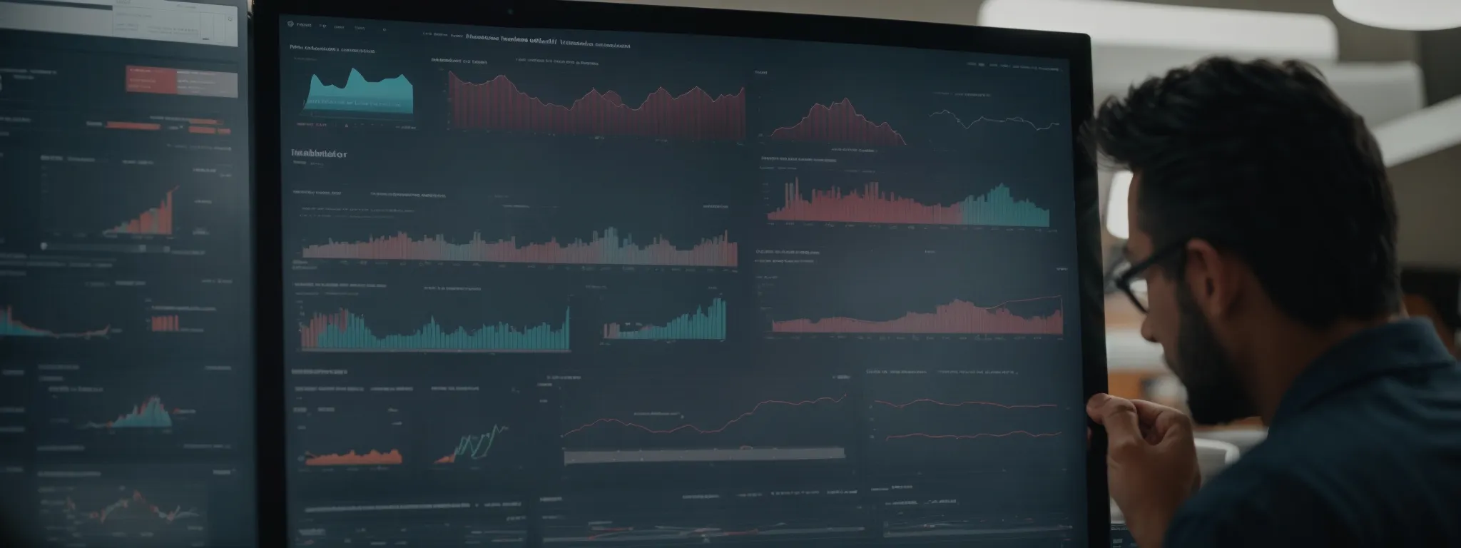 a marketer analyzing a complex data dashboard showcasing website traffic and user engagement statistics.