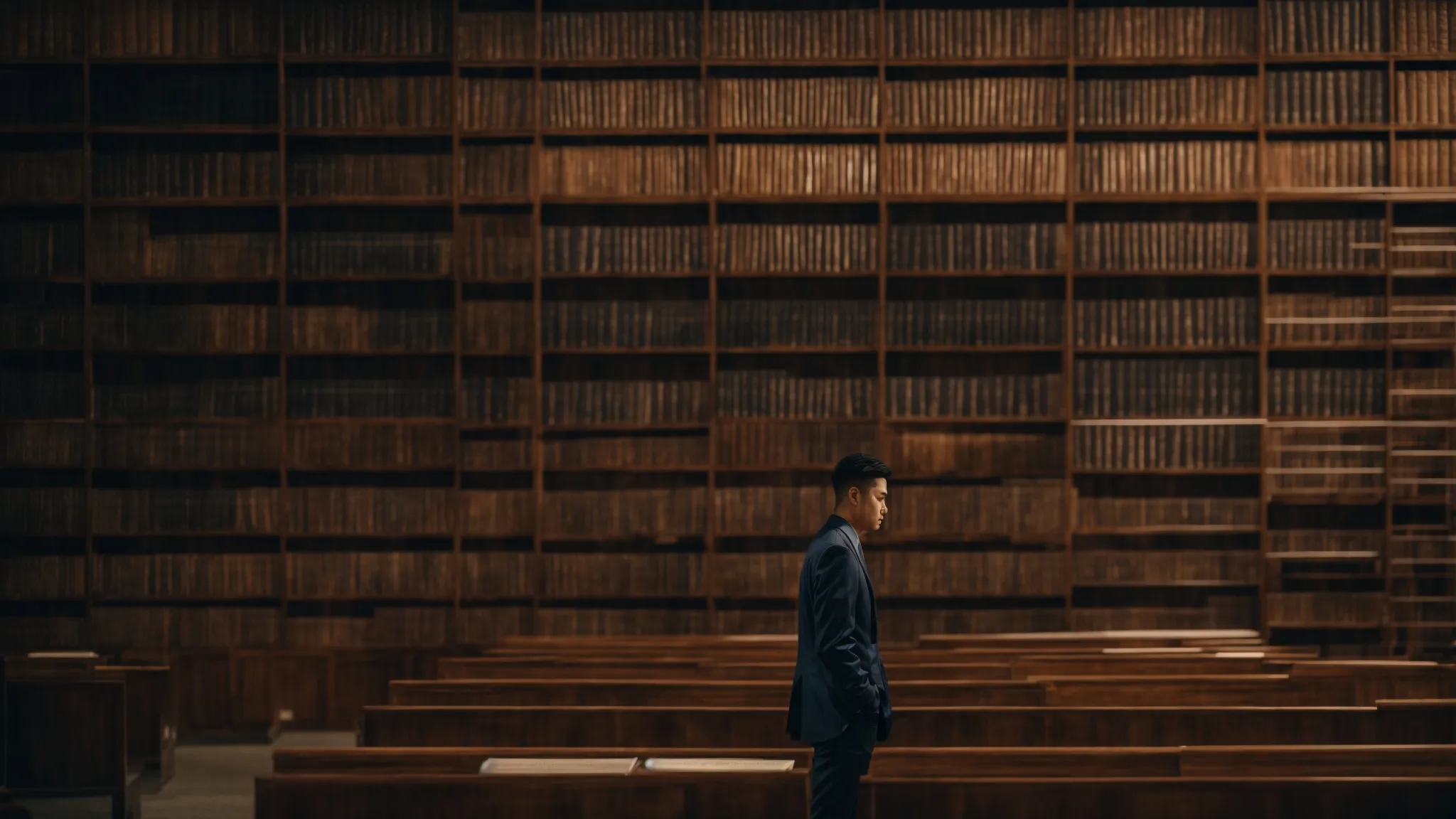 a person contemplatively gazes at a vast library of books, symbolizing the search for knowledge in a sea of information.