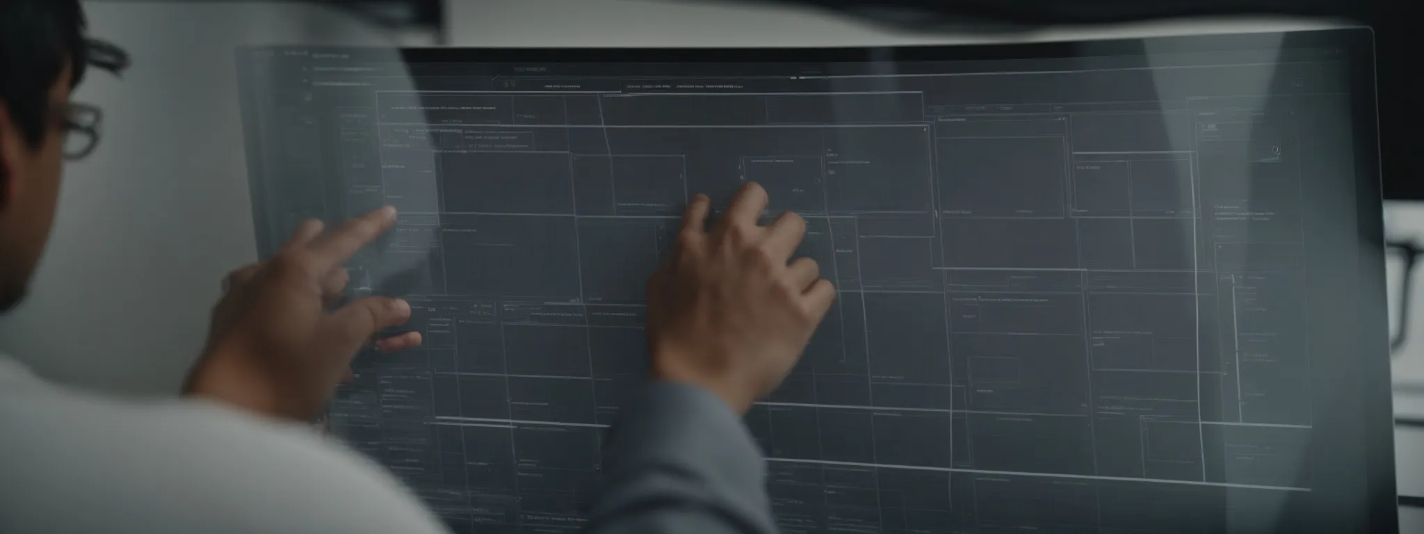 a web designer scrutinizing a clear, organized wireframe layout on a computer screen, symbolizing a well-structured website.