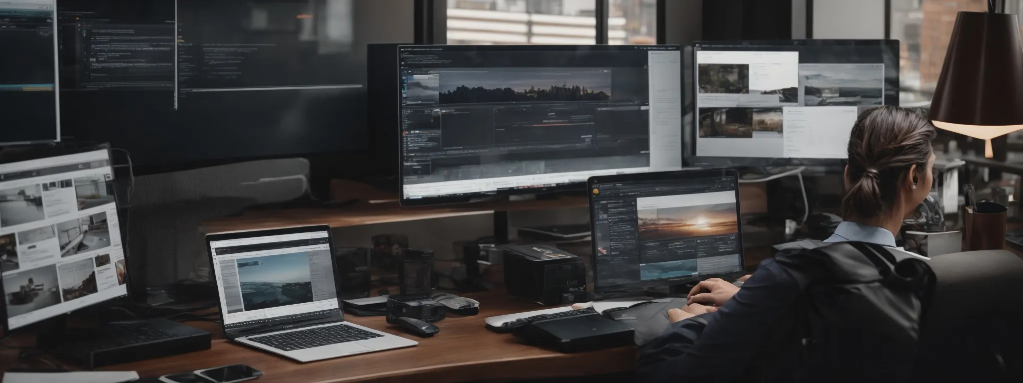 a marketer casually skimming through the latest seo news on a clutter-free, modern desk setup with dual monitors displaying analytics and a search engine results page.