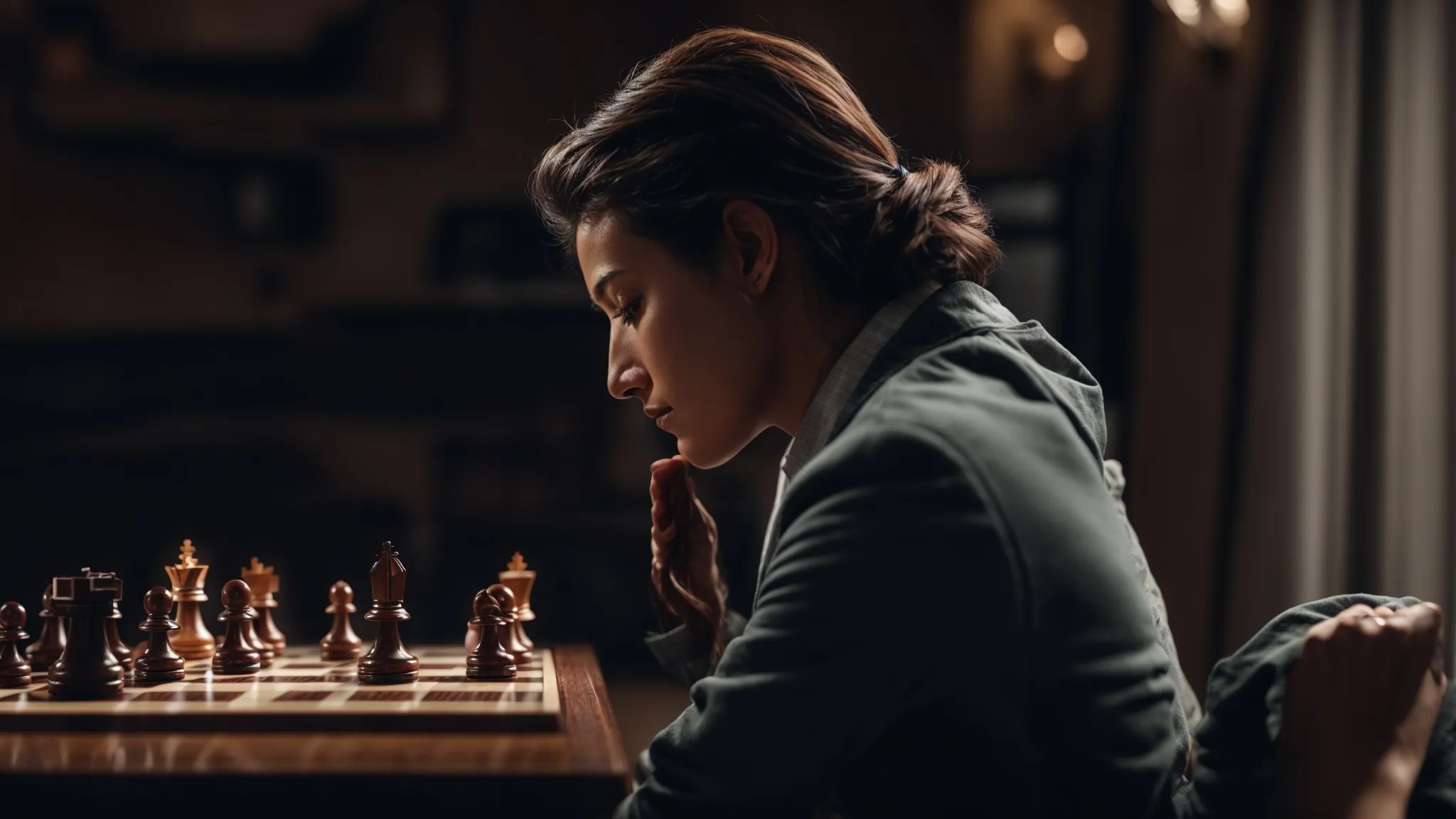 a chess player thoughtfully moves a piece on a chessboard, symbolizing strategic planning in digital competition.