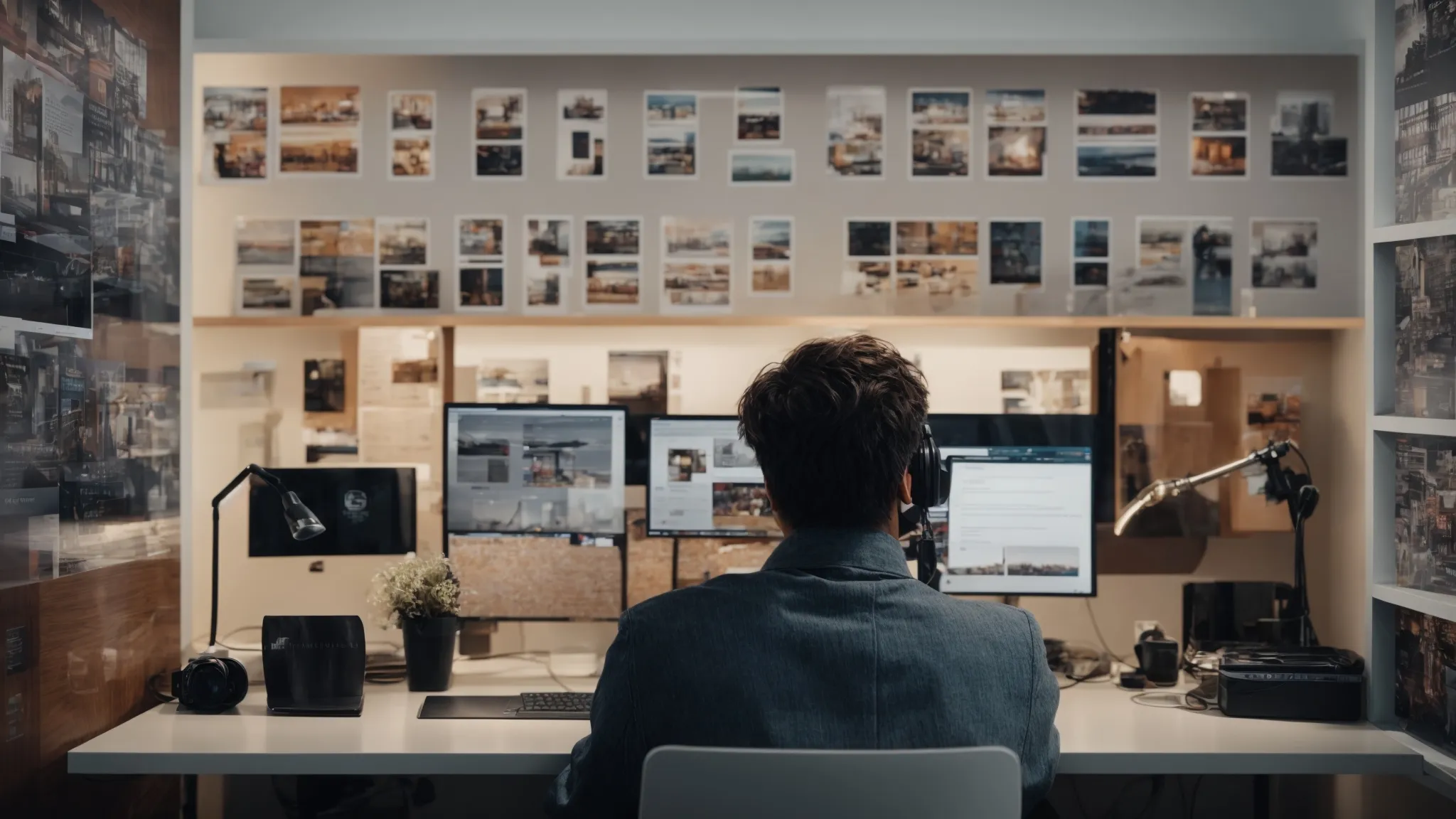 a person sitting at a modern desk browsing through a collection of extension icons displayed on a large computer screen.