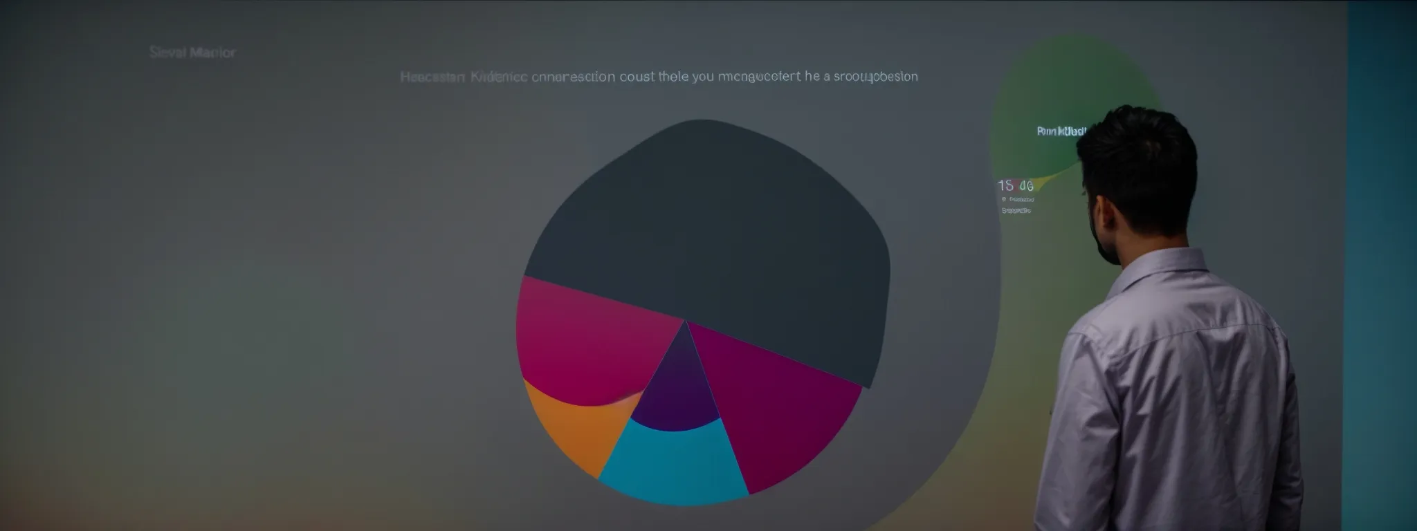 a digital marketer analyzes a colorful pie chart representing keyword distribution on a computer screen.