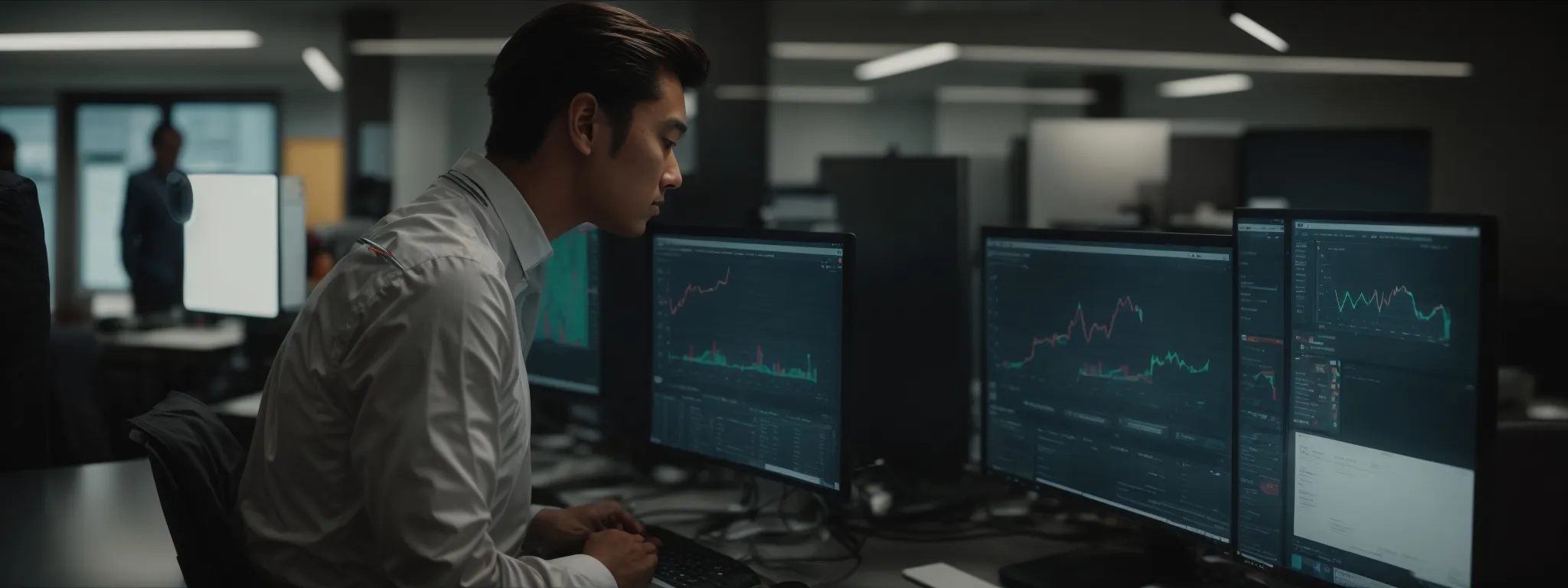 a person looking at analytics on a computer screen in a modern office space to strategize on social media outreach.