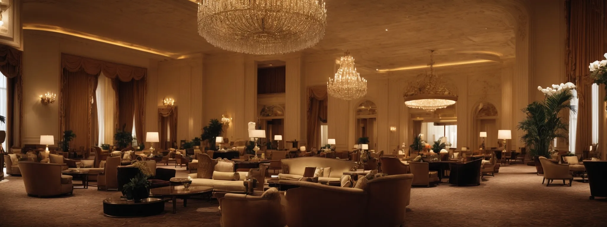 a wide-angle view of a grand hotel lobby with plush seating and opulent decor, beckoning guests to luxury.
