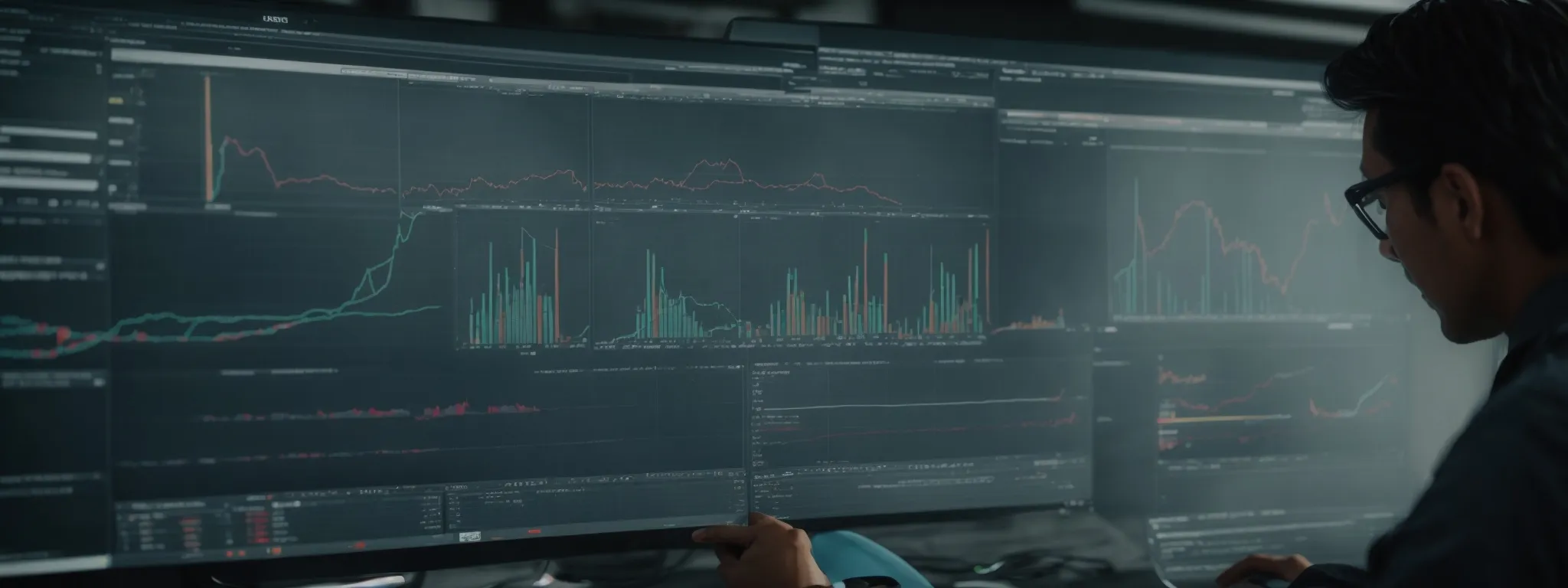 a digital analyst scrutinizes graphs and charts on a large monitor, unraveling the complex interactions between website traffic and search engine crawlers.