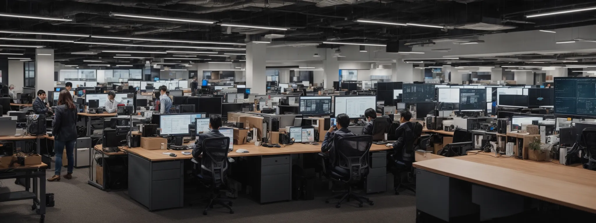 a bustling digital marketing office with large monitors displaying virginia e-commerce website analytics.