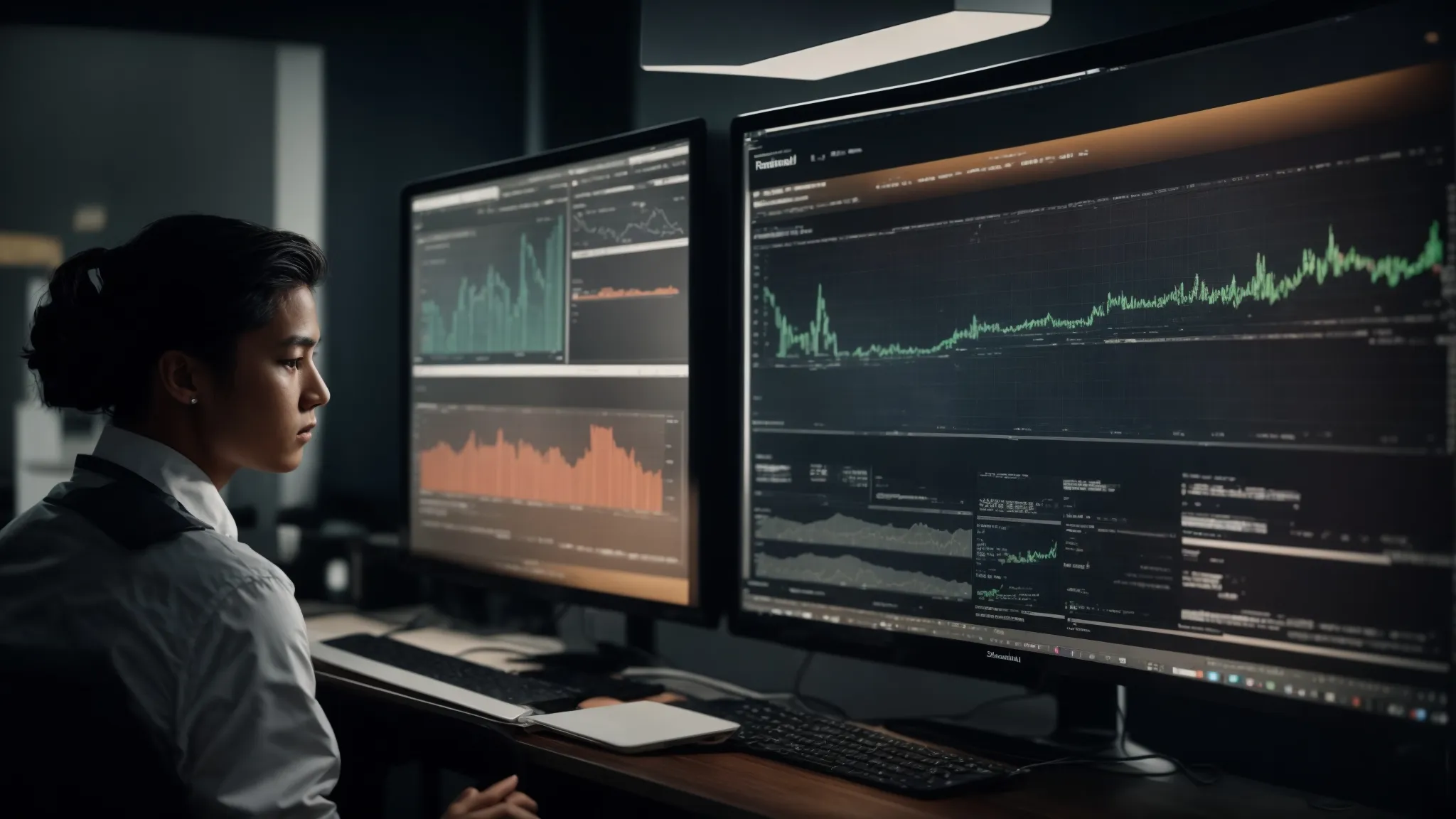 a focused individual scrutinizes a computer screen displaying a web analytics dashboard.