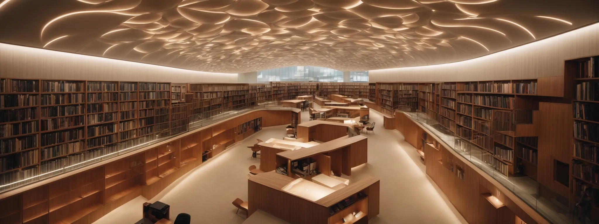 a library with interconnecting walkways between bookshelves under soft lighting.