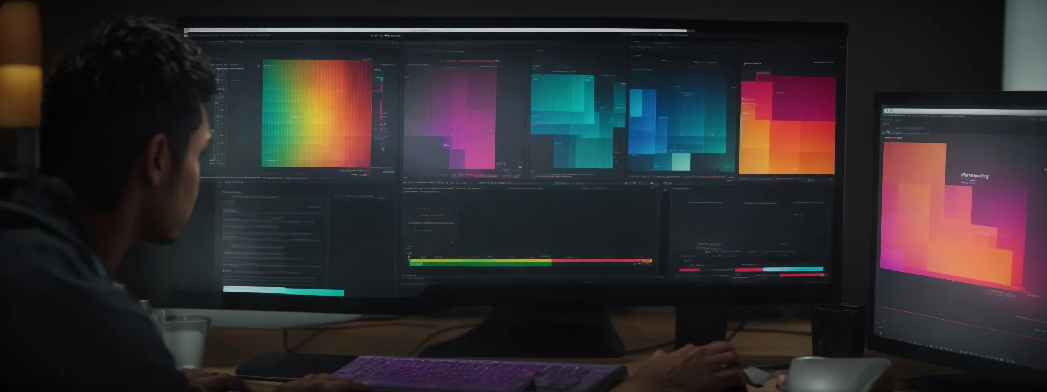 a web designer analyzes a colorful heatmap overlay on a computer screen, indicating areas of a webpage with high user engagement.