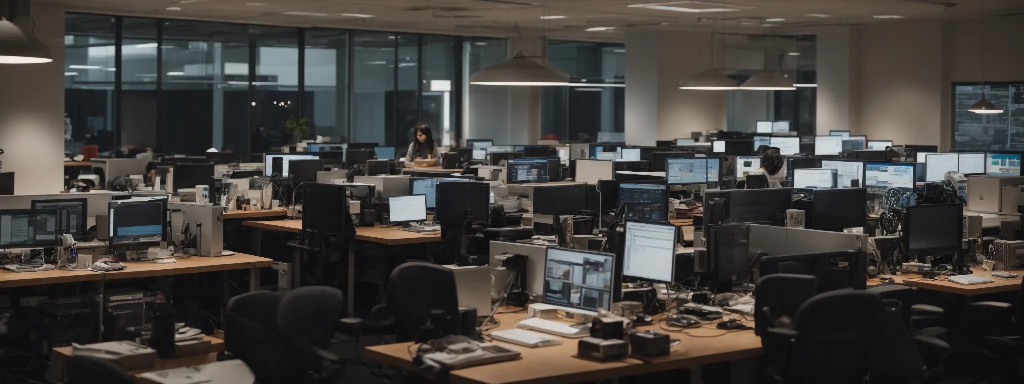 a busy digital marketing office with computers running seo analytics software.