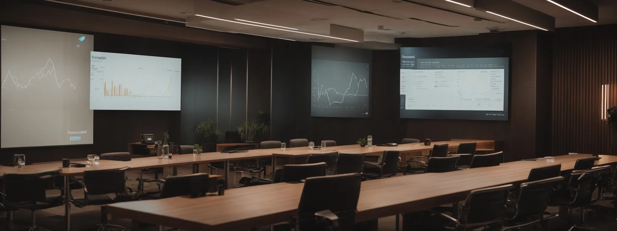 a meeting room with a large screen displaying a graph of website traffic trends following an influencer campaign.