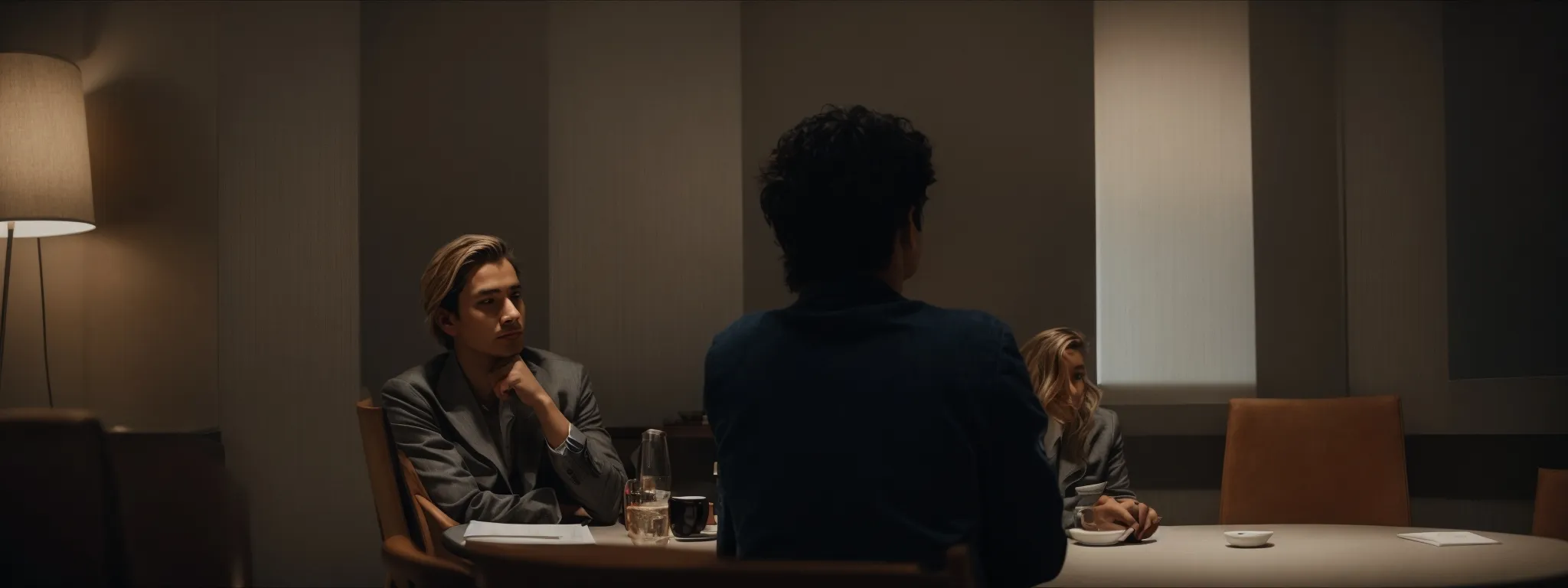 two individuals sit opposite each other at a round table, earnestly engaged in deep conversation amidst a softly lit room.
