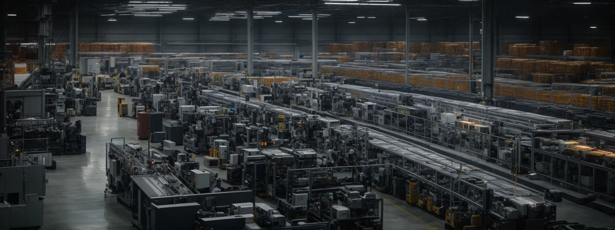 a vast warehouse with rows of machines and conveyor belts in operation, overseen by a control room with multiple computer screens displaying analytical data.