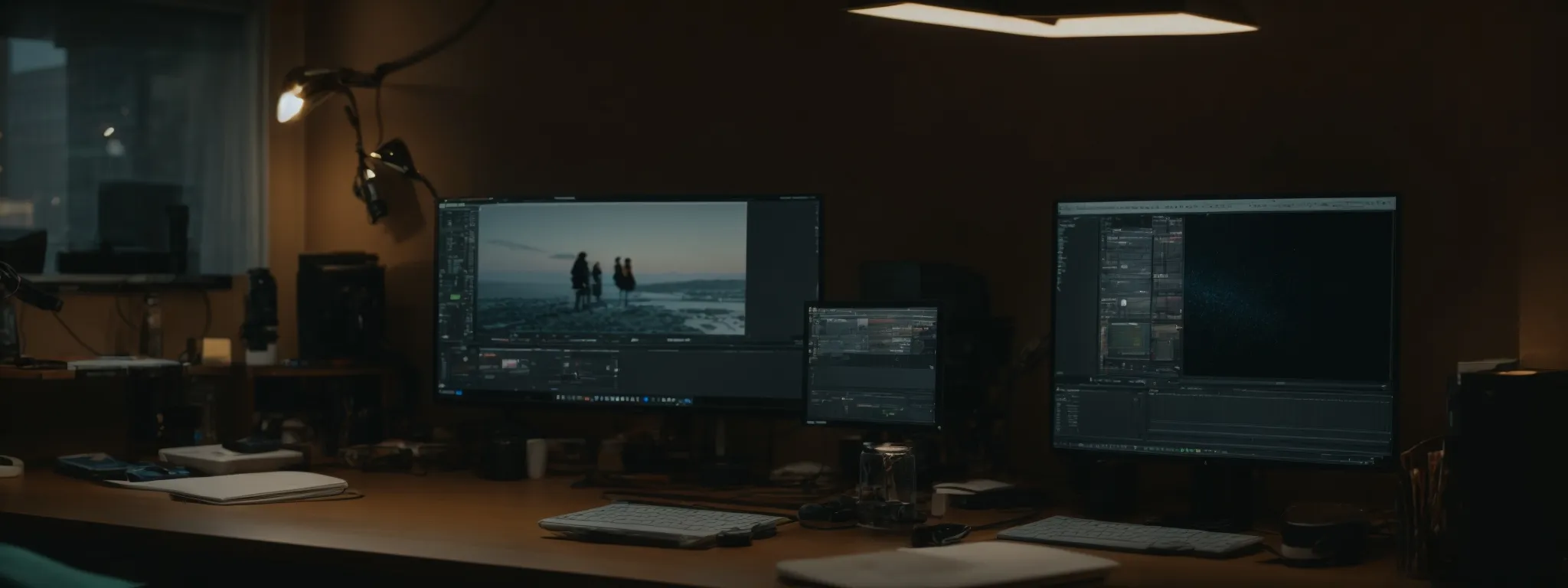 a person sitting at a desk with a computer, editing a video amidst a creative workspace.