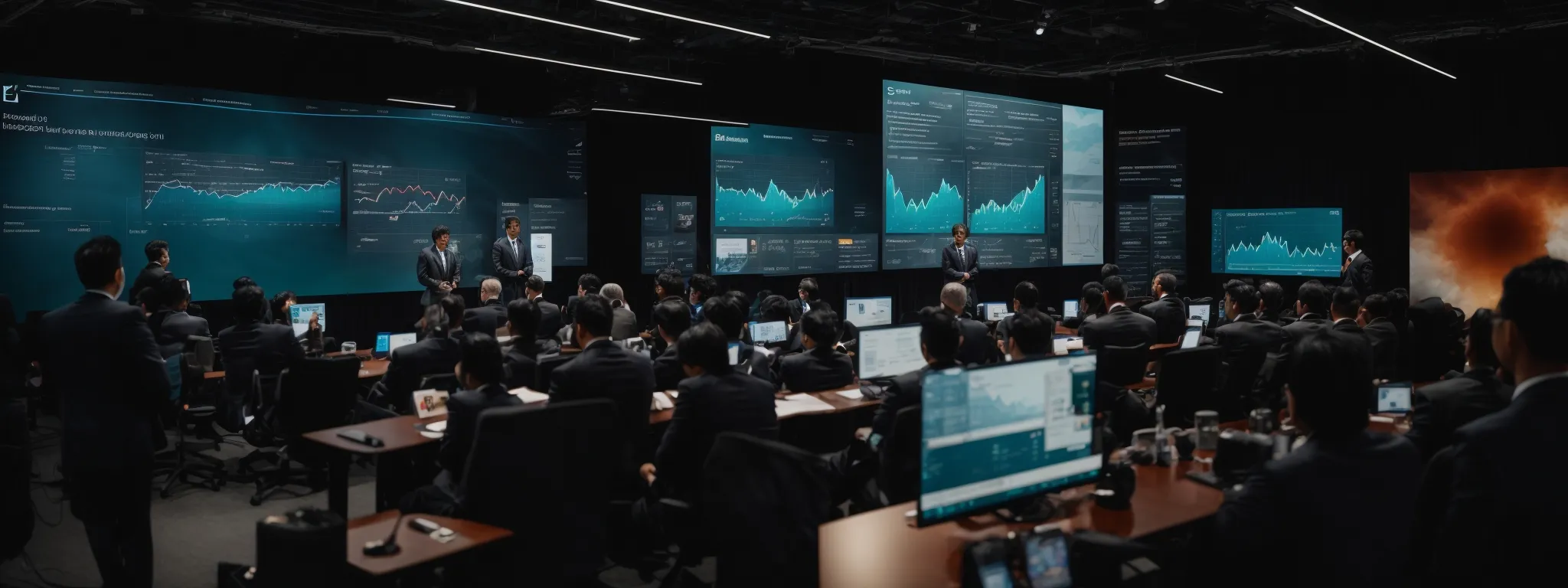 a group of professionals gathers at a tech conference, discussing over laptops and digital screens displaying graphs and analytics.