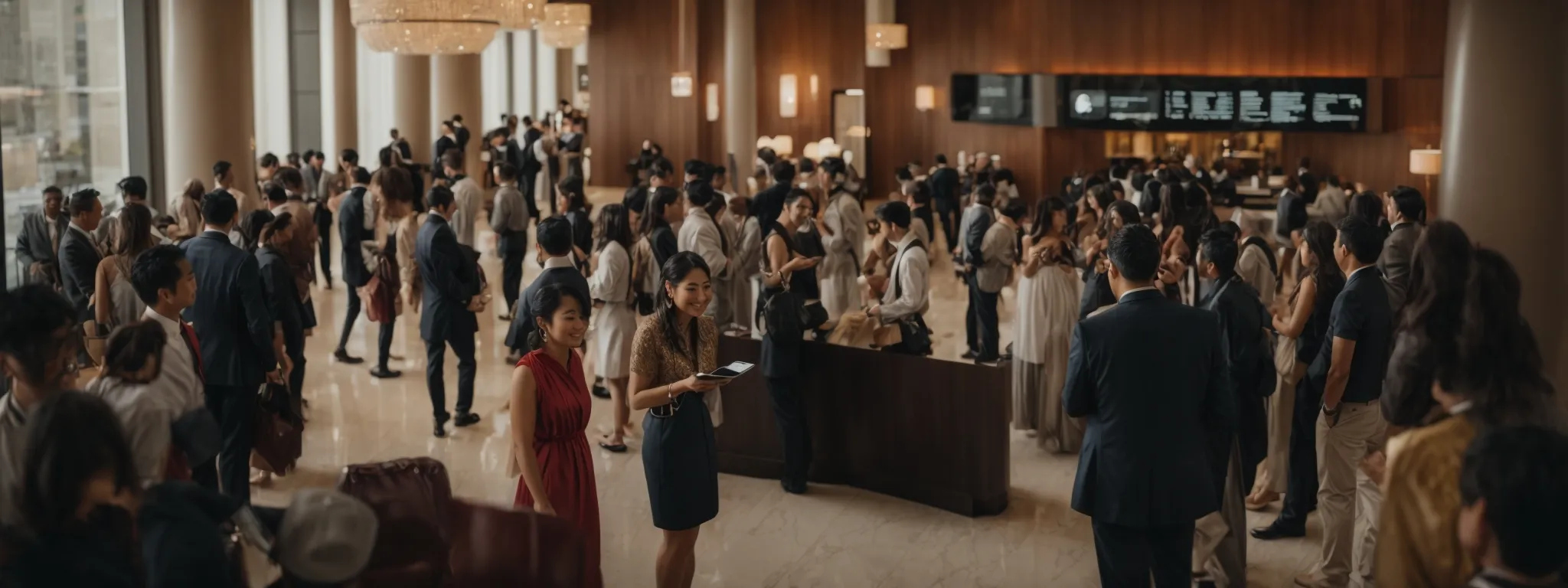 a bustling hotel lobby with guests interacting and a visible social media notification screen displaying likes and shares.