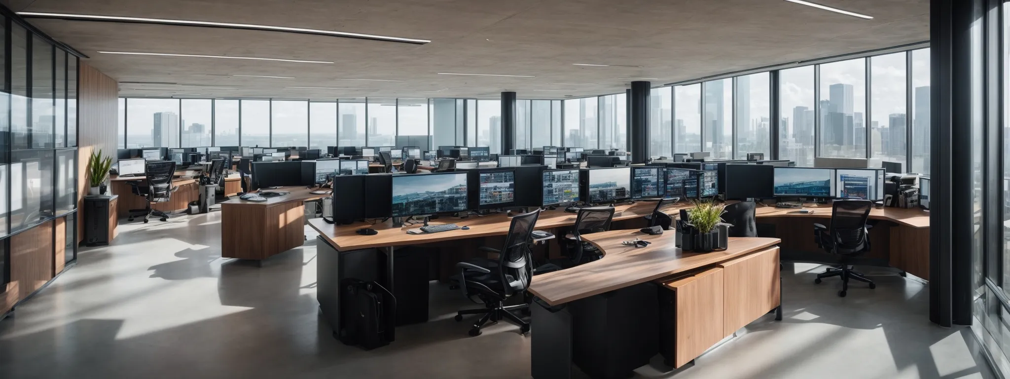 a panoramic view of a modern office setting filled with dual-monitor computer stations, reflecting a high-tech environment focused on digital analytics and web optimization.