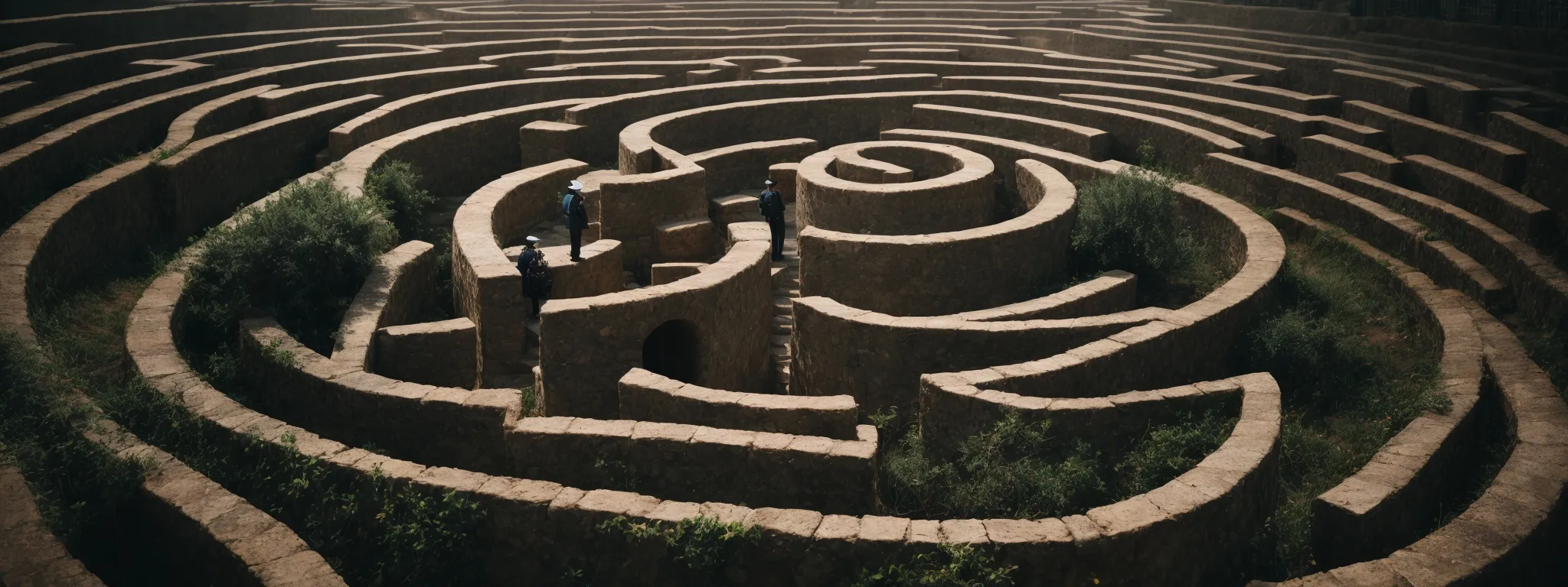a figure stands at the beginning of a winding path that threads through a complex maze, symbolizing the strategic journey of integrating gpt-3 into seo.