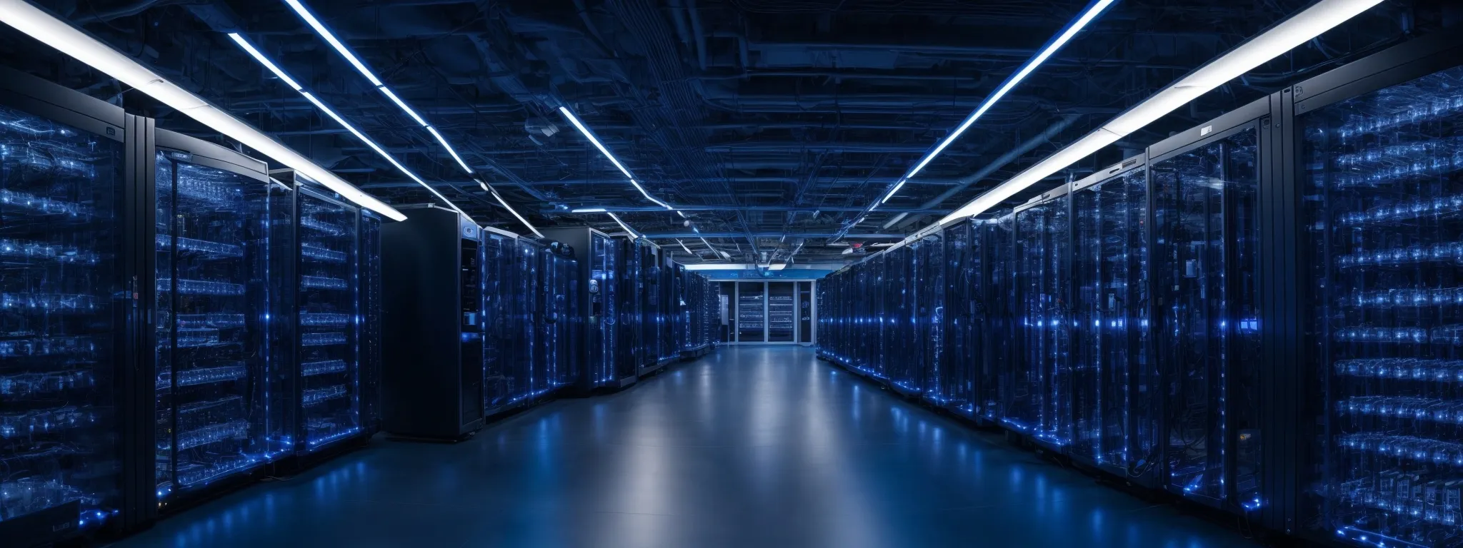 a panoramic view of a server room with blue led lights illuminating rows of hardware that host optimized websites.