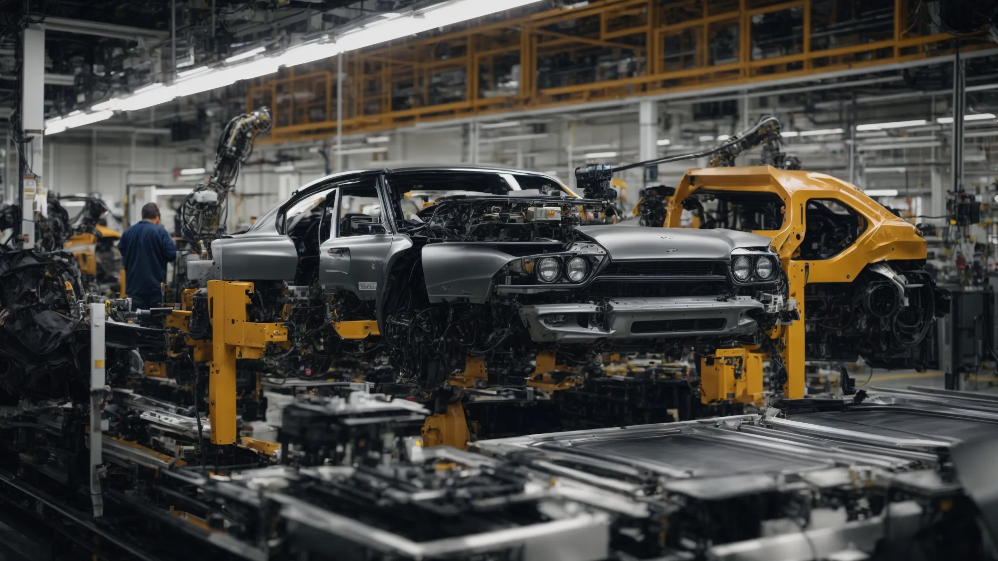 a car assembly line with robots installing parts onto vehicle chassis.