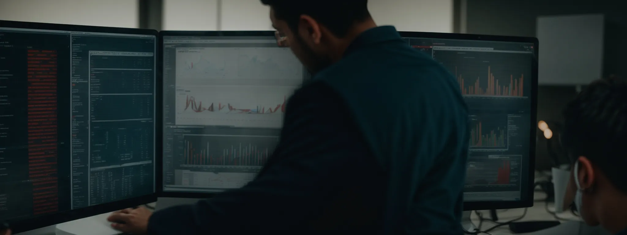 a marketer examining a complex analytics dashboard on a computer screen displaying search engine rankings.