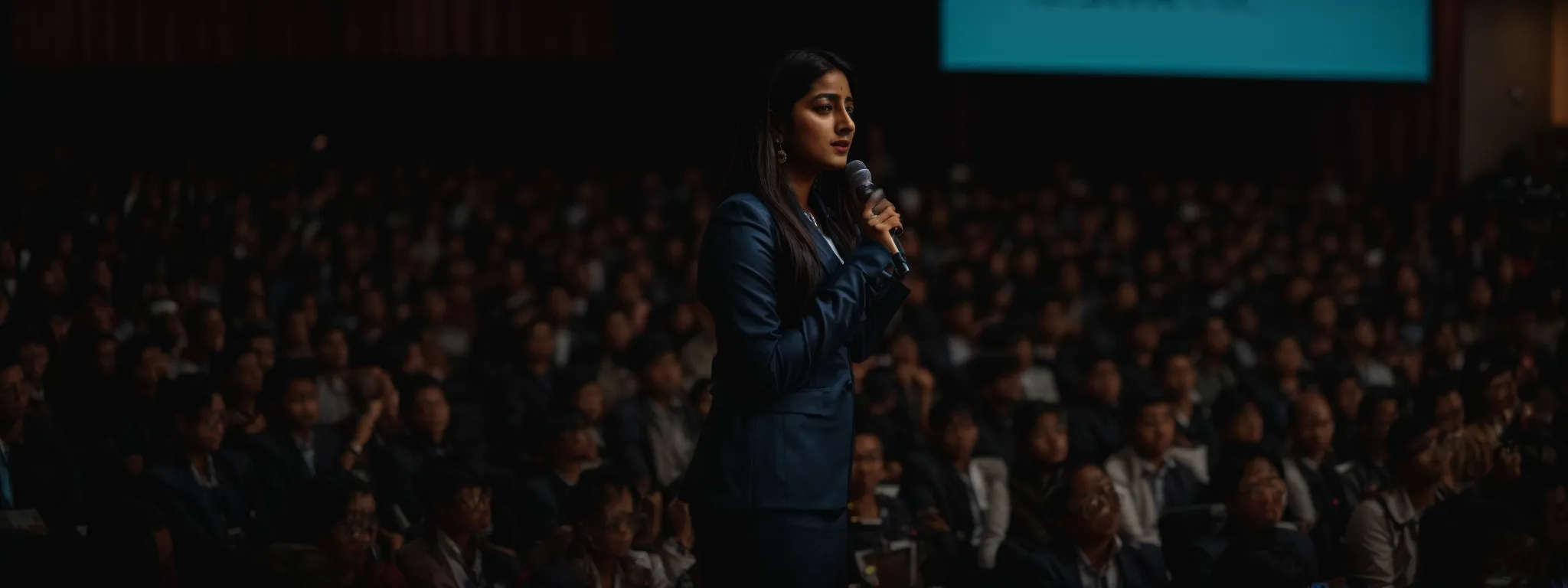 upasna gautam stands confidently on stage, addressing a captivated audience at a digital marketing conference.