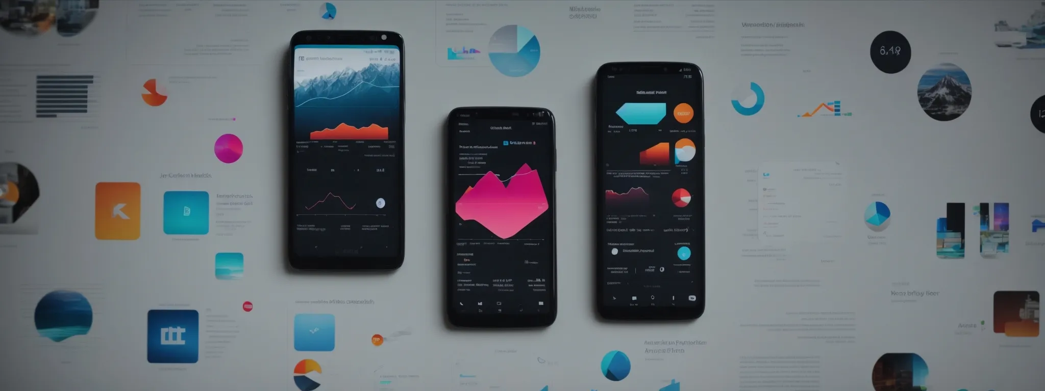 a smartphone displaying a graph amidst icons representing seo elements.