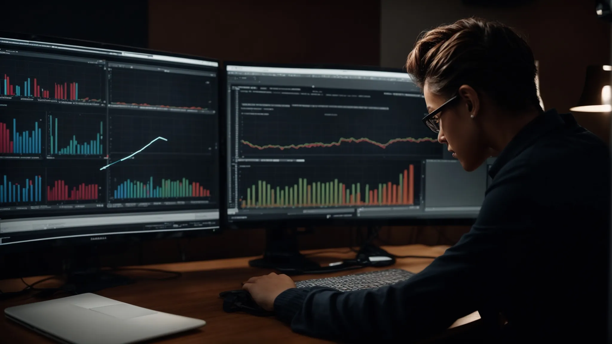 a marketing analyst is reviewing graphs on a computer screen that display website traffic trends from both organic search and paid advertising campaigns.