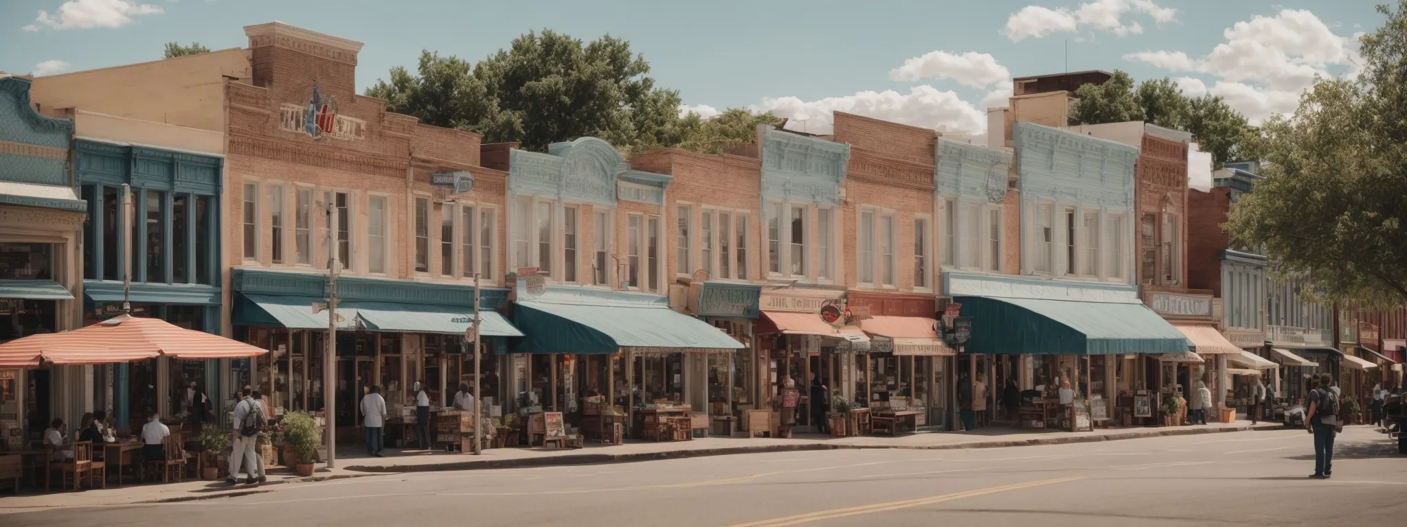 a bustling small-town main street with independent shops and restaurants, under a clear sky.