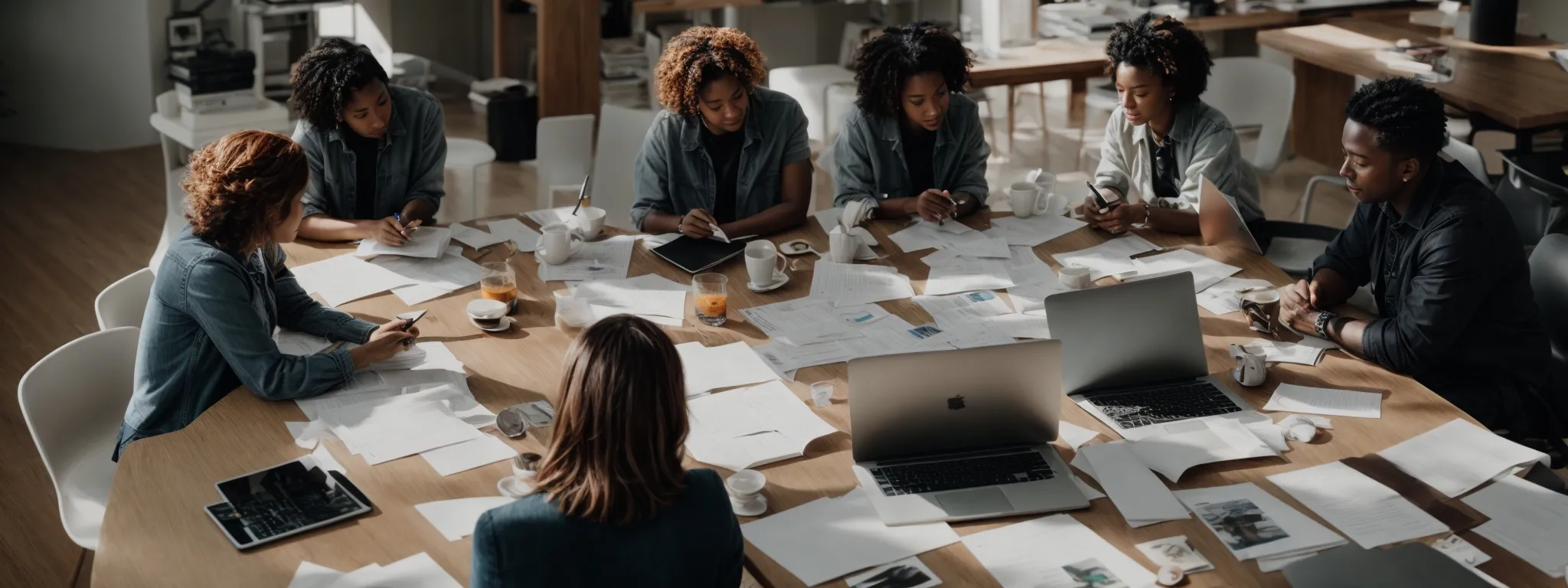 a diverse group of professionals collaborates around a large table filled with papers and digital devices, earnestly discussing and strategizing over a web of interconnected topics.