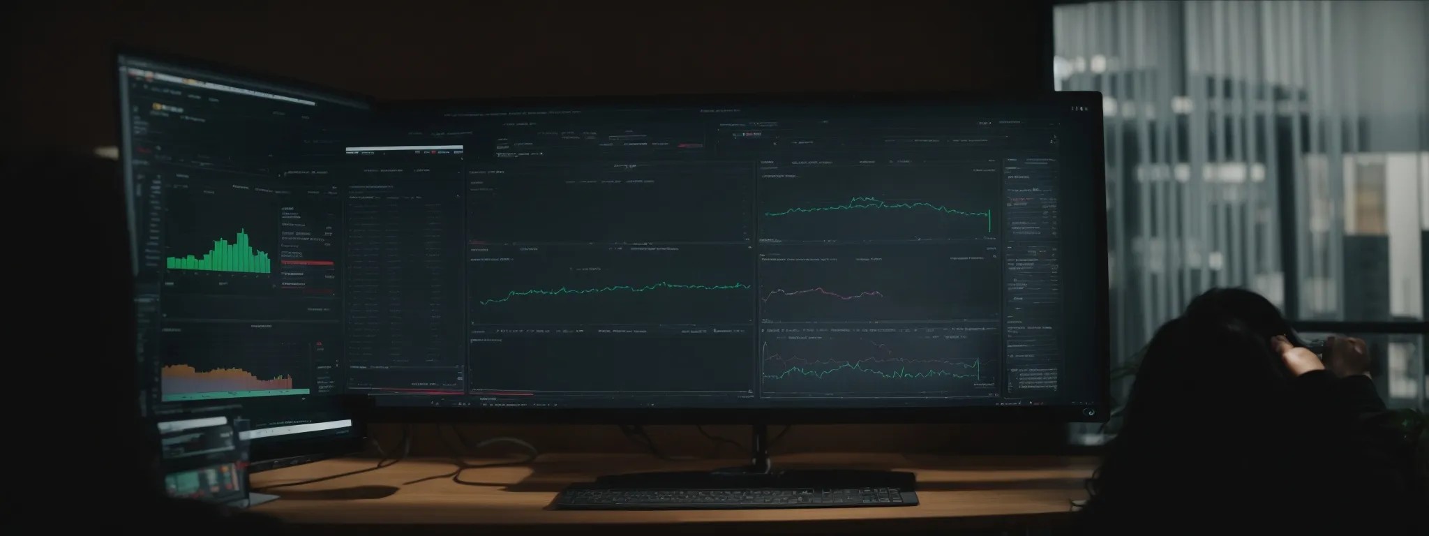 a digital marketer reviews rich data analytics on a computer screen displaying searchatlas seo software's dashboard.